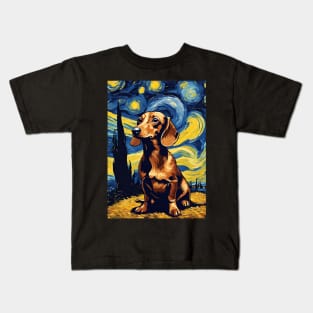Cute Dachshund Dog Breed Painting in a Van Gogh Starry Night Art Style Kids T-Shirt